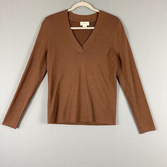 Anthropologie Maeve Thea Sweater Womens Large Brown Metallic Ribbed V Neck - Picture 1 of 16